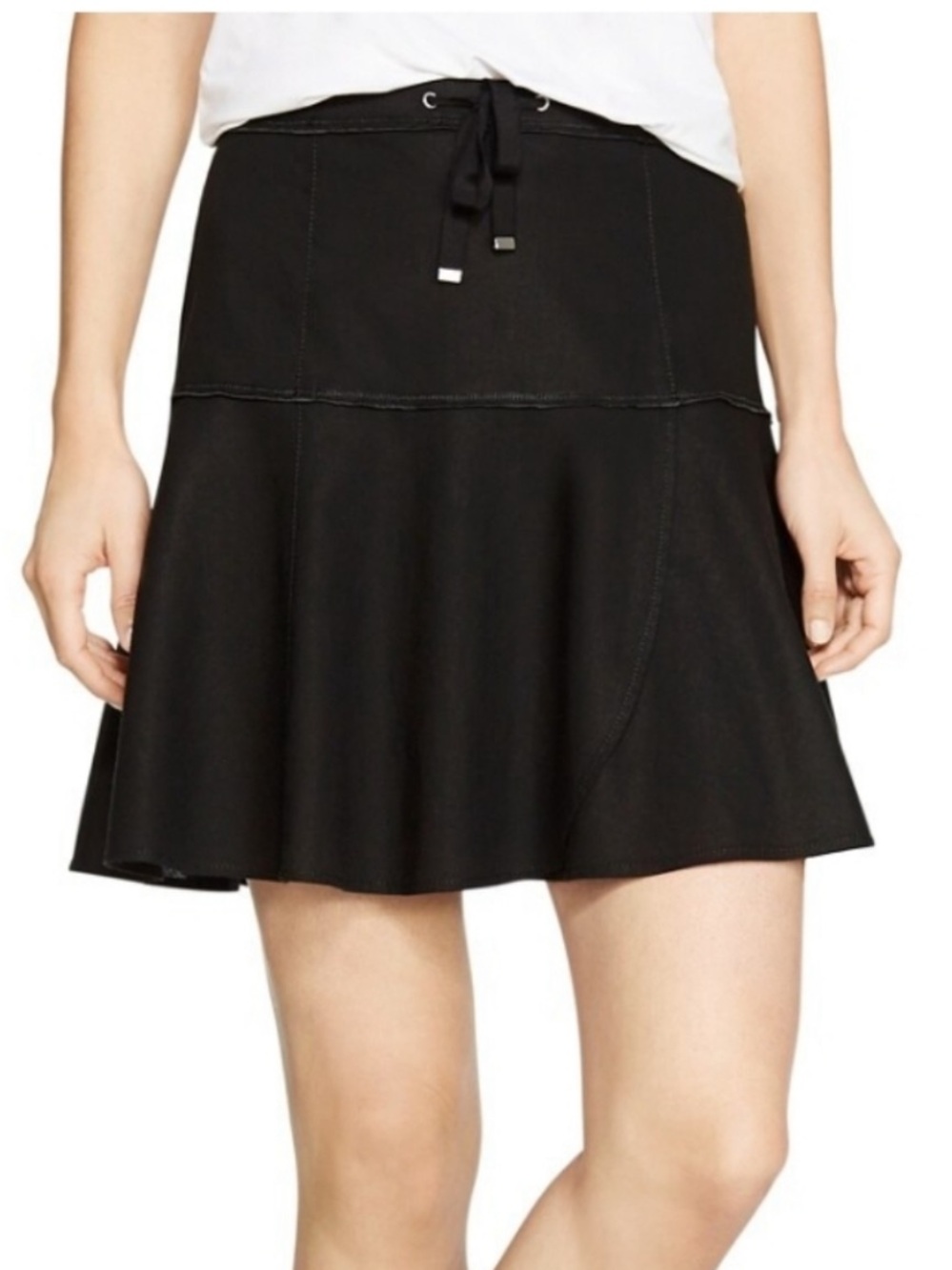 White House Black Market Linen Black Skater Skirt with Drawstring Waist